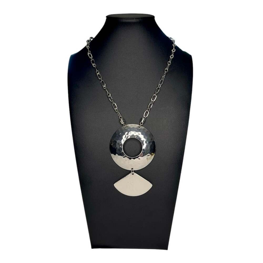 CHICO'S Signed SILVER-TONE HAMMERED Pendant Necklace 34" to 38" Long